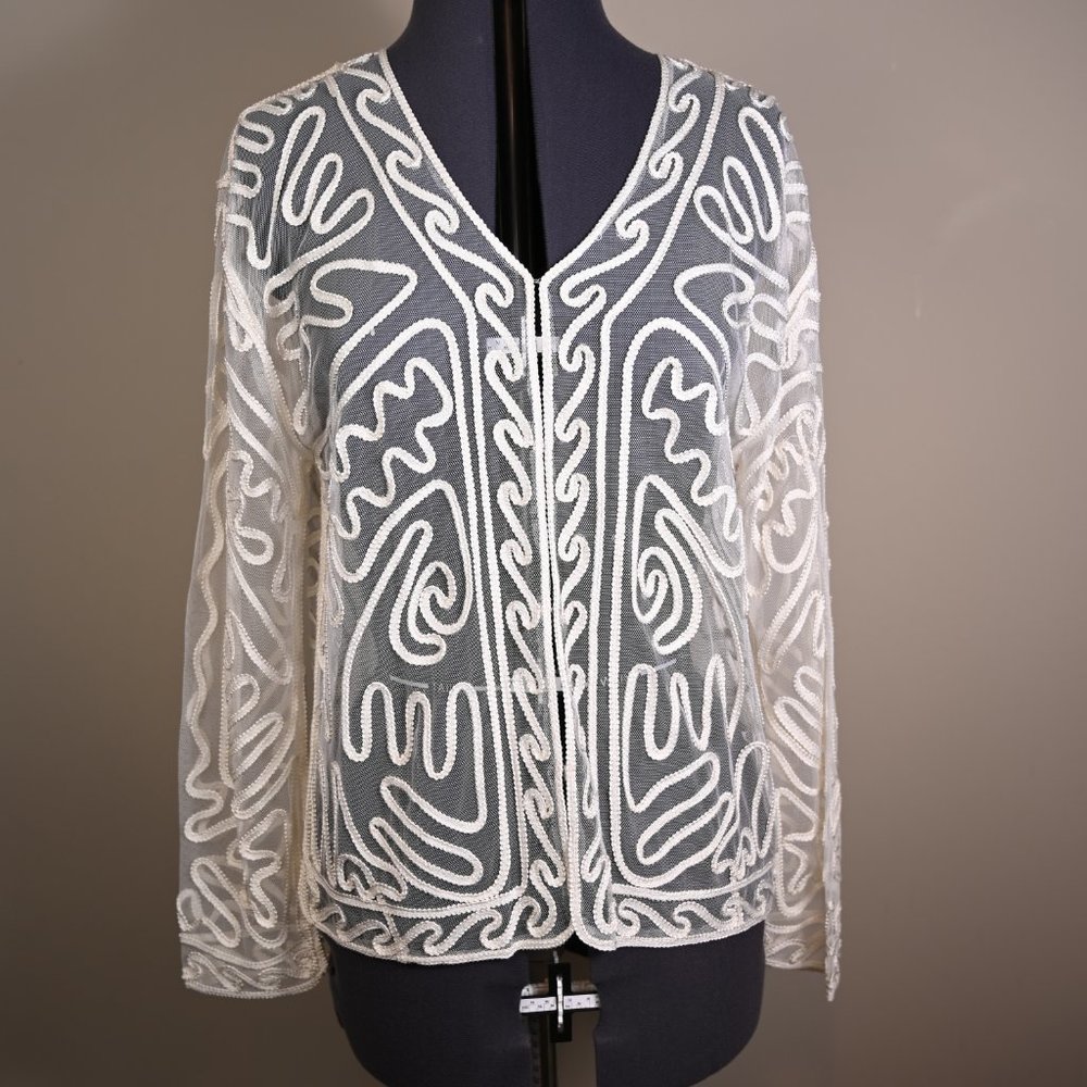 Elegant Cream Long Sleeve Lace Cardigan with Passementerie detailing. Size L